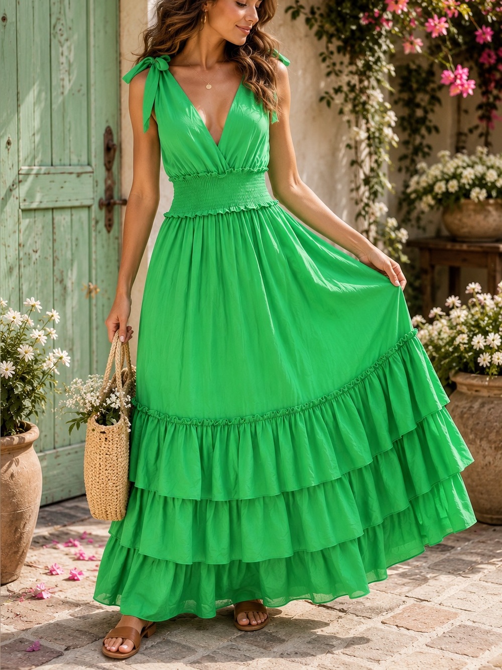 Strut & Bolt • Green Tie Shoulder Smocked Tiered Maxi Dress